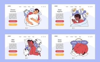 Insomnia web or landing set. Diverse characters suffering from sleep vector