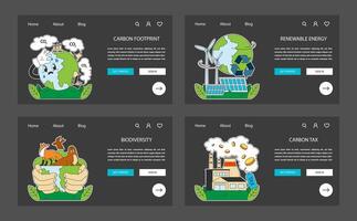 Climate change night or dark mode web banner or landing page set. vector