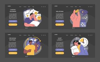 Insomnia dark or night mode web, landing set. Diverse characters suffering vector