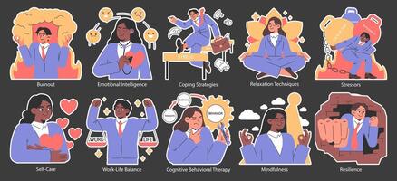 Stress management night or dark mode set. Diverse office characters vector