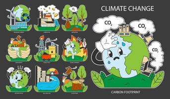 Climate change night or dark mode set. Planet temperature rising vector