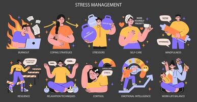 Stress management night or dark mode set. Diverse office characters vector