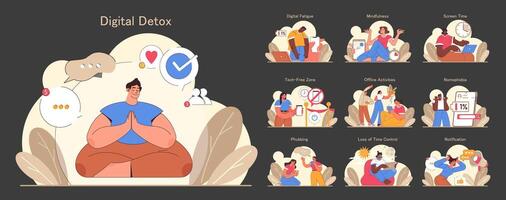 Digital detox set. Characters practicing mindfulness, reducing screen vector