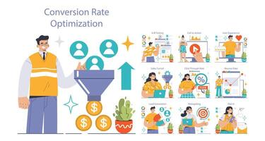 Conversion Rate Optimization set. Experts analyzing website performance. vector
