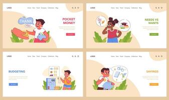 Pocket money web or landing set. Kids learning financial skills, from savings vector