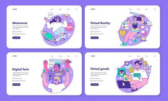 Metaverse web banner or landing page set. VR futuristic technology. vector