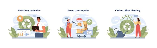 Sustainable practices set. Flat vector illustration