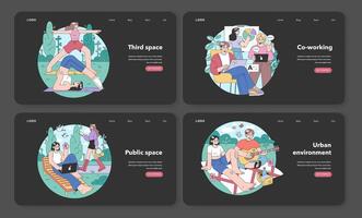 Third place night or dark mode web banner or landing page set. Social vector