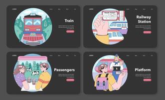 Train trip web banner or landing page night or dark mode set. vector