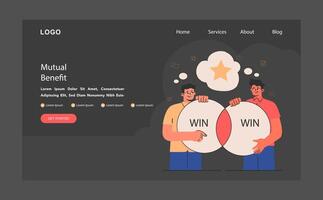 Mutual benefit dark or night mode web, landing. Two employee collaboration vector