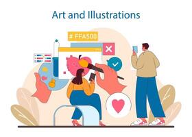 Arte y ilustraciones concepto. creativo mentes a trabajar, pintura vibrante cuentos digitalmente vector
