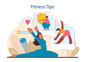 Online Fitness Guidance concept. An animated figure follows workout routine vector