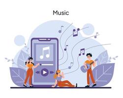 A trio of musicians with a smartphone interface as a backdrop captures the blend of traditional music making and digital technology vector