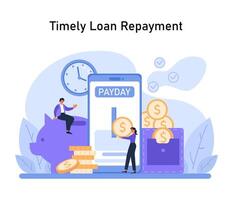 The importance of timely loan repayment highlighted with a smartphone reminder, piggy bank savings, and stacked coins vector