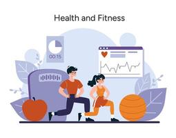 Active individuals participate in fitness routines, monitoring health metrics for a balanced lifestyle vector