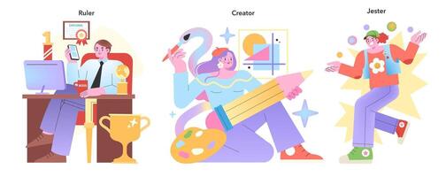 Personality Archetypes set. Artistic and dynamic vector illustrations.