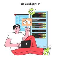 A Big Data Engineer is depicted in a relaxed pose, confidently managing vast datasets, symbolizing the crucial role of data analysis in the tech industry. vector