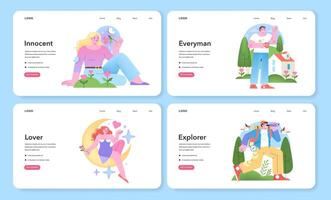 Personality Archetypes set. Four distinct characters. Innocent, Sage, Lover, Explorer, their traits and settings. Whimsical and insightful vector illustrations.