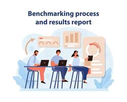 Benchmarking Report Vector. A team meticulously prepares a comprehensive benchmarking report. vector