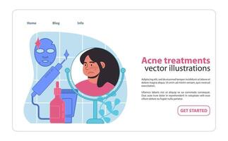 enfocado acné tratamiento proceso. mujer revisando su facial piel condición. vector