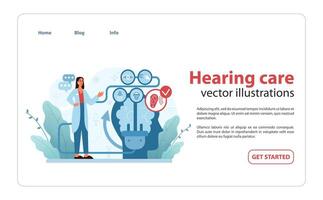 Hearing Care Overview. A comprehensive vector illustration of an audiologist with icons representing auditory.