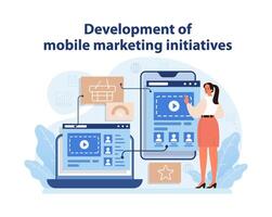 Mobile Marketing Initiative Development. Marketer planning and implementing mobile. vector