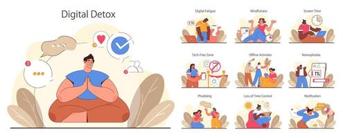 Digital detox set. Characters practicing mindfulness, reducing screen vector