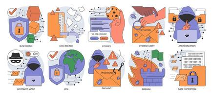 Data privacy set. Cyber or web security . Database safety of a digital device vector