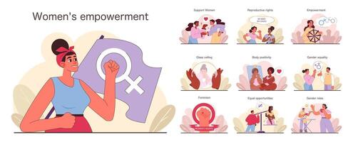 A confident woman showcases various scenes of empowerment vector