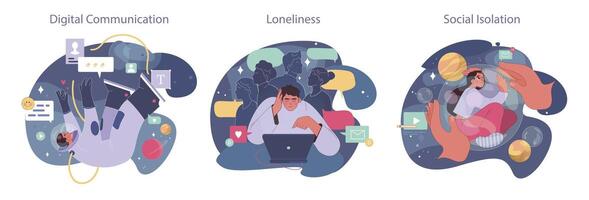 Loneliness set. Unhappy person, astronaut left alone in space. Character vector