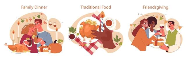 Joyful family celebrating Thanksgiving set. American holiday dining and gathering vector