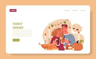 Joyful family celebrating Thanksgiving web banner or landing page. American vector