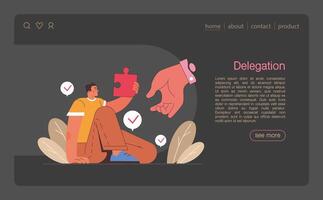 Delegation web banner or landing page dark or night mode. Task assignment vector