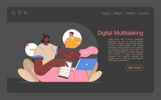 Digital multitasking web banner or landing page dark or night mode vector