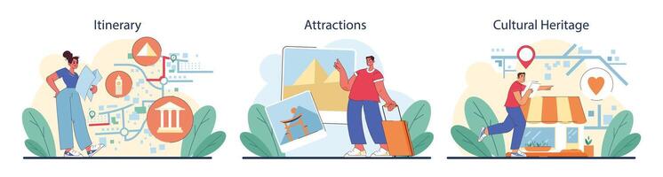 Tourism set. People traveling the world seeing attractions and cultural vector