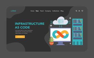 DevOps web banner or landing page dark or night mode. vector