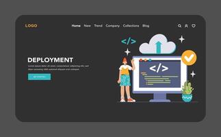 DevOps web banner or landing page dark or night mode. vector