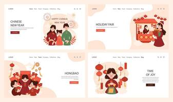 Chinese New Year tradition web banner or landing page set. Cheerful vector