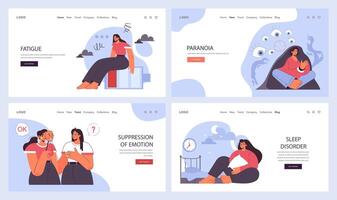 Anxiety web banner or landing page set. Character mental health issues vector