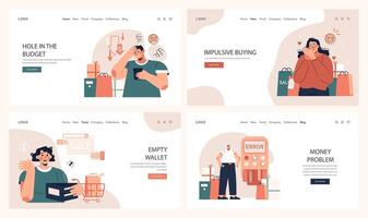 Impulsive buying web banner or landing page set. Shopaholic money vector