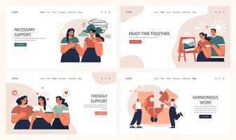 Positive relationships web banner or landing page set. Loving family vector