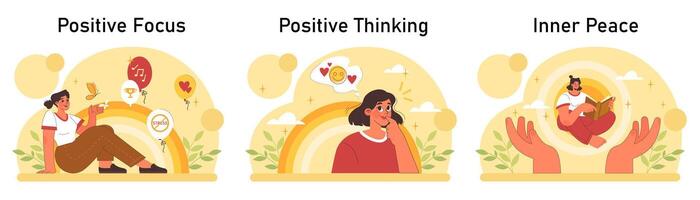 Positive psychology set. Positive thinking and attitude. Optimistic mindset vector
