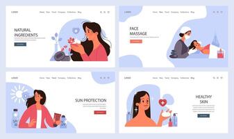 Skincare routine web banner or landing page set. Facial skin cosmetic vector