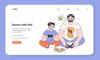 Father and son playing video games together web banner or landing vector