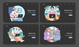 Bleisure travel web banner or landing page night or dark mode set. vector