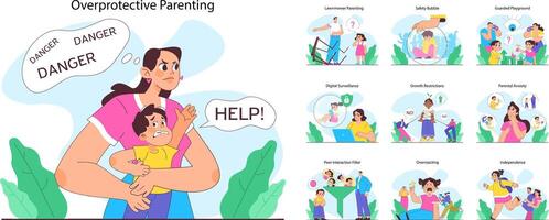 Overprotective parenting set. Children and parents in various situations vector