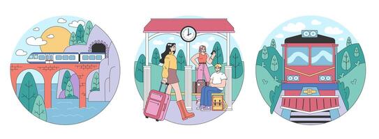 Train trip set. Characters traveling by train. Passengers with luggage vector