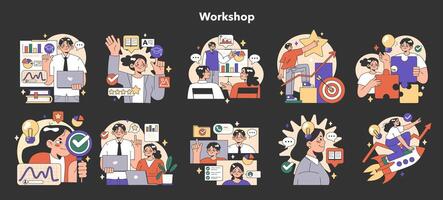 Training workshop night or dark mode set. Interactive training process vector