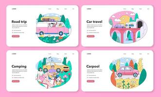 Road trip web banner or landing page set. Young people or family vector