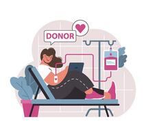 Blood donation. Woman, donor sitting in the chair, donating blood vector